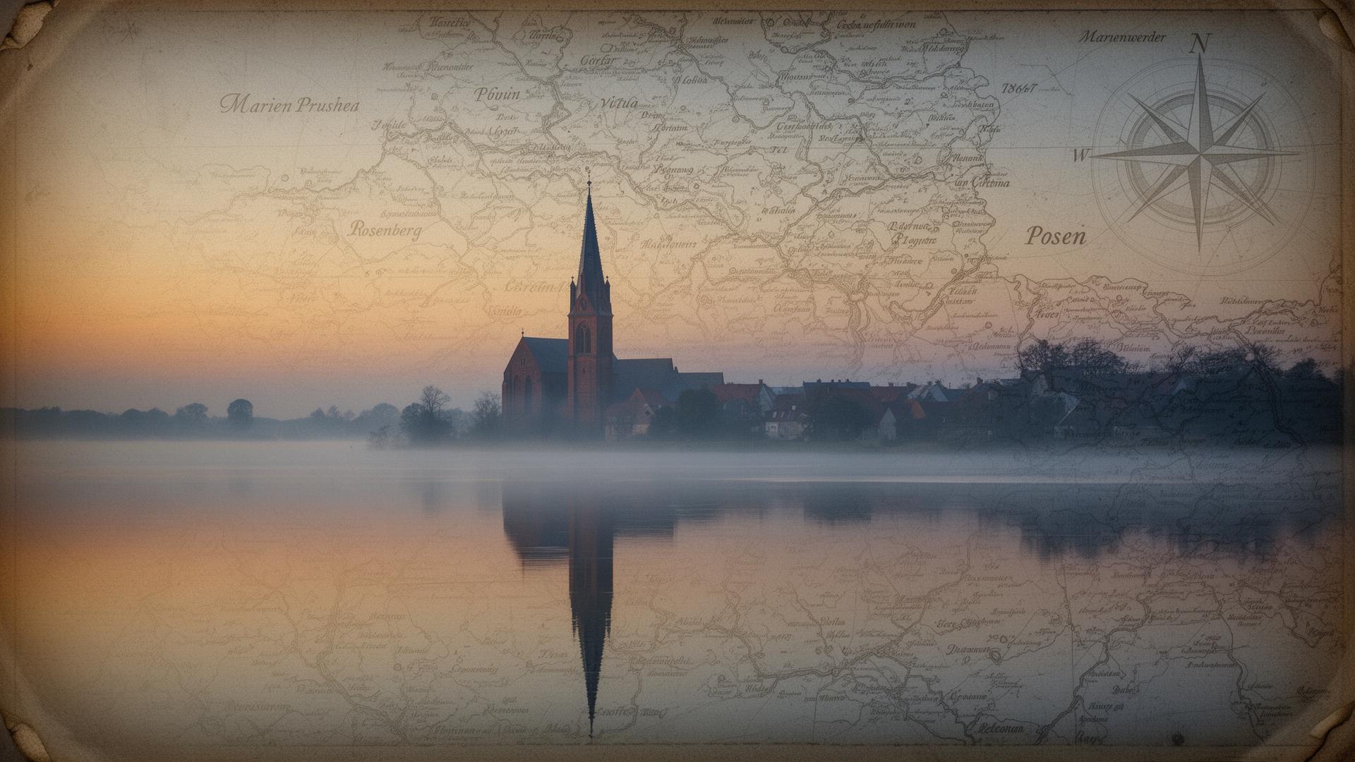 Misty dawn over the Vistula in old West Prussia, layered with an antique cartographic overlay of Marienwerder, Rosenberg, and Posen